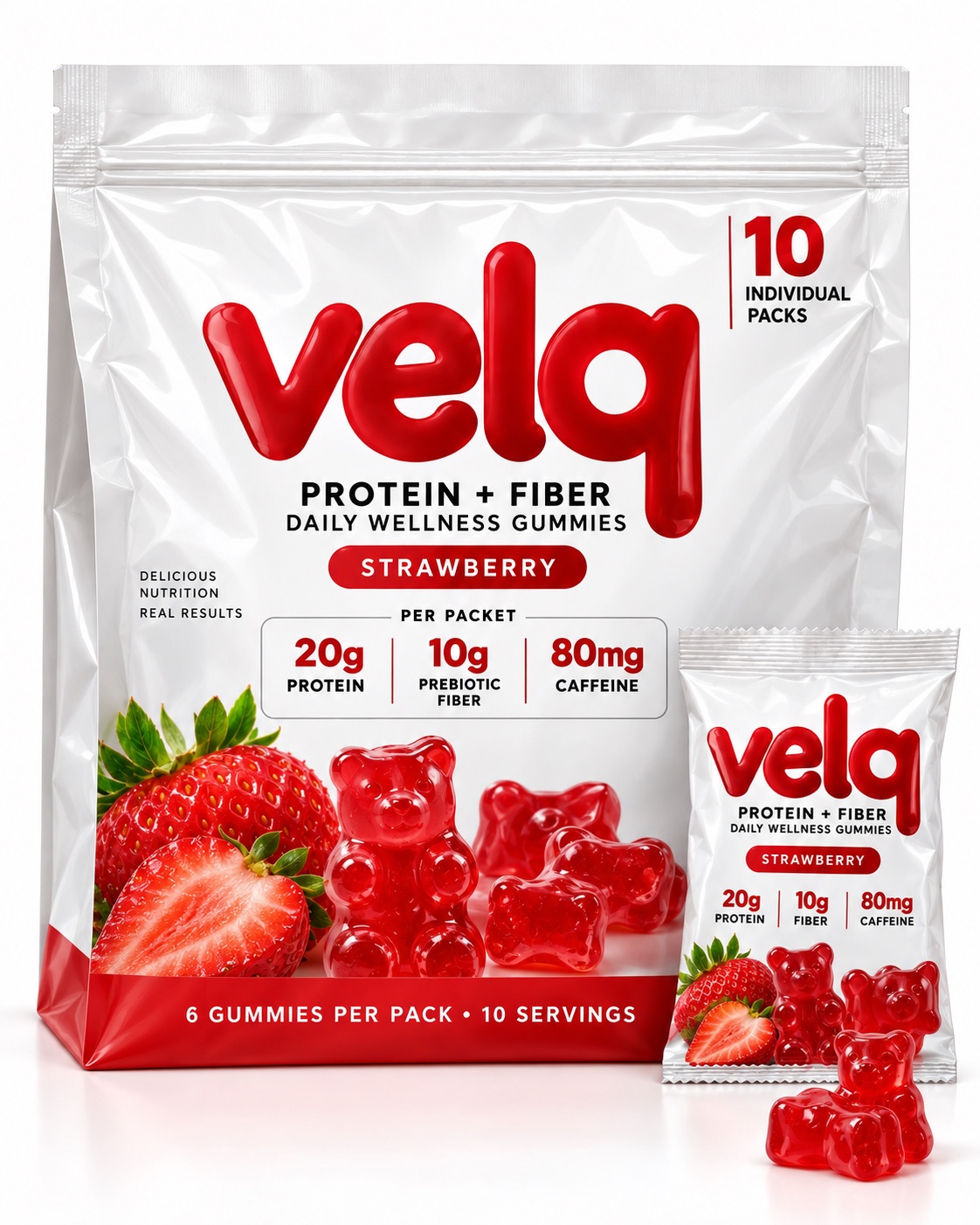 Velq strawberry protein and fiber gummies bag, individual packet, and gummy bears